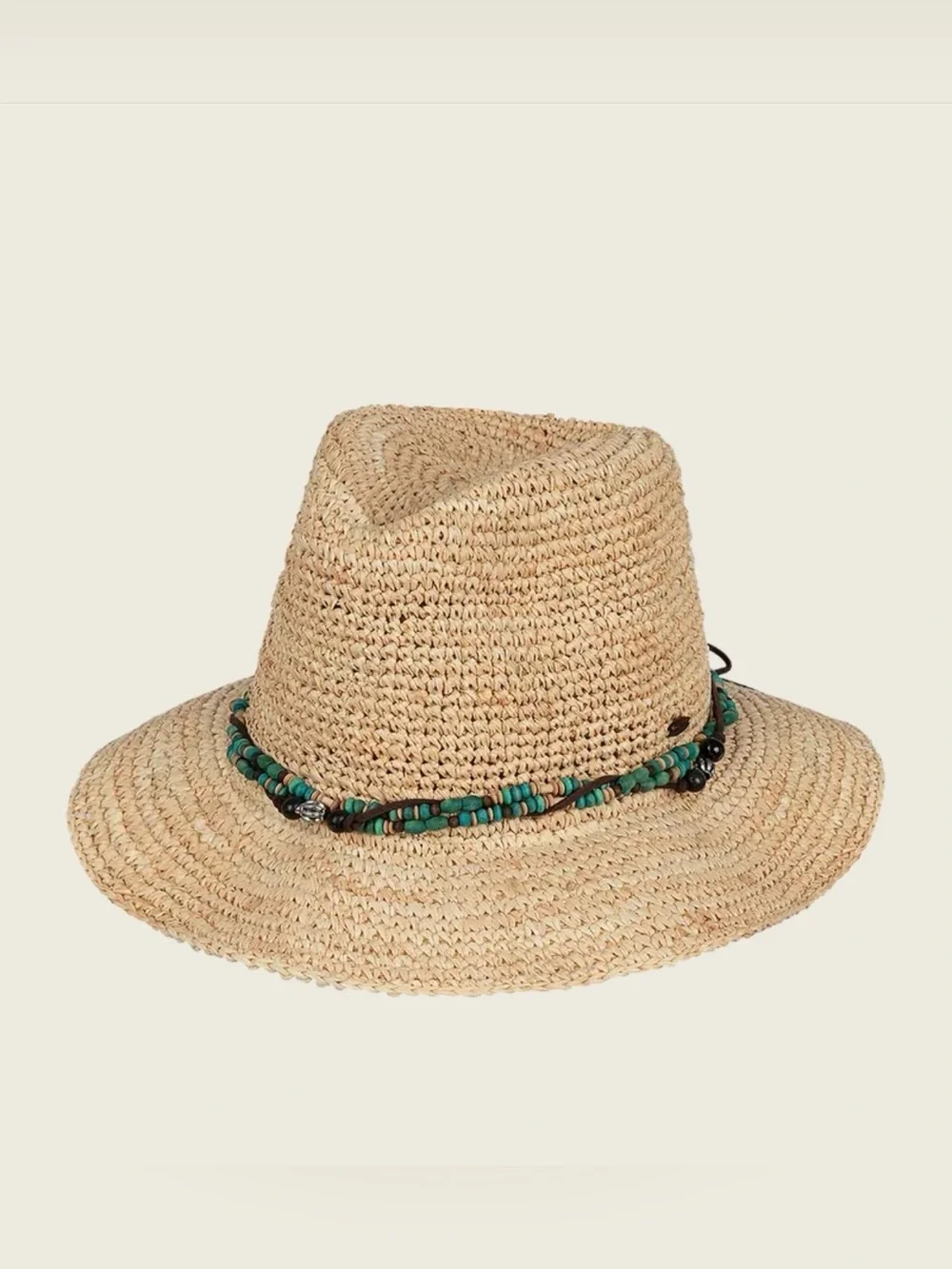 KOORINGAL 100% Raffia Sun Hat w/ Turquoise & Brown Bead 57 CM Bora Bora Safari